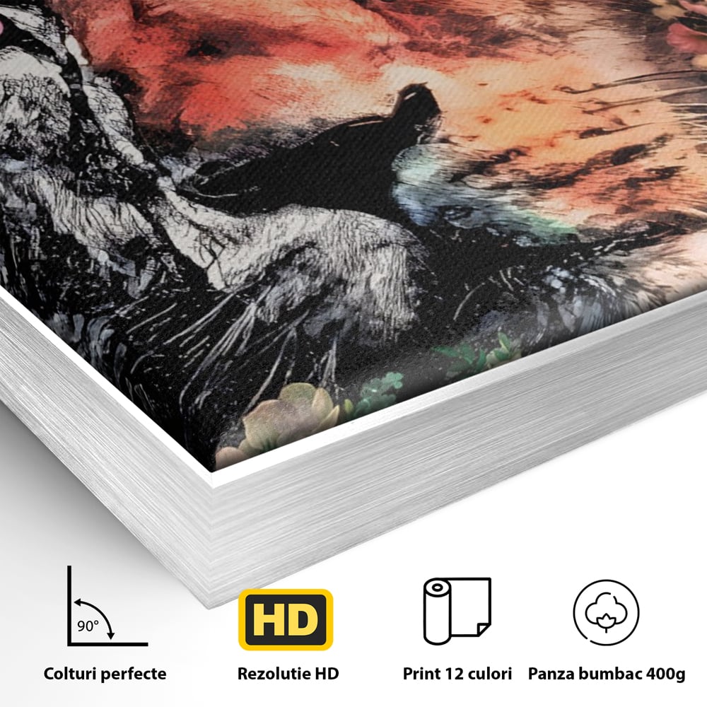 Detaliu al suprafetei: tablou canvas cu cap de leu, in rama de aluminiu argintiu